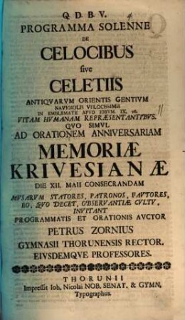 Progr. sol. de celocibus s. celetiis, antiquarum orientis gentium navigiolis velocissimis, in emblemate apud Iobum IX,26. vitam humanam repraesentantibus