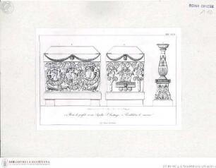 Sarkophag und Kandelaber aus Santa Costanza (Taf. XVIII aus G. Fontana, "Raccolta delle migliori chiese di Roma e suburbane espresse in tavole disegnate ed incise da G. Fontana", vol.III, Rom 1838)