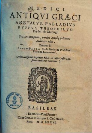 Medici antiqui Graeci : Aretaeus, Palladius Ruffus, Theophilus: physici & chirurgi