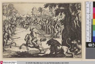 [Gruppe von Jägern zu Pferd auf Löwenjagd]