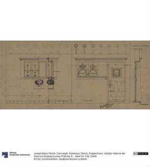 Darmstadt, Wohnhaus Olbrich, Erdgeschoss, Vorplatz, Aufrisse der West und Südwand sowie Profil der Südwand