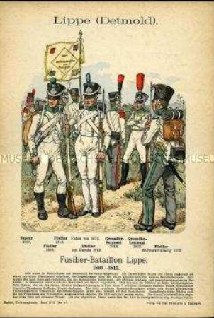 Uniformdarstellung, Sappeur, Gemeine, Grenadier-Sergeant und Grenadier-Leutnant des Füsilier-Bataillons, Fürstentum Lippe, 1809/1813.