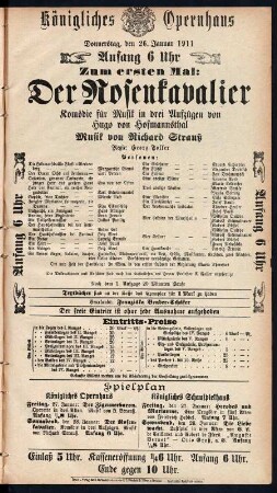 Theaterzettel zur Uraufführung der Oper "Der Rosenkavalier" von Richard Strauss mit Libretto von Hugo von Hofmannsthal (Regie: Georg Toller, musikalische Leitung: Ernst von Schuch). Königliches Opernhaus Dresden, 26. Januar 1911. Gebunden in: Dresden: SLUB Dramat.5-O,1911