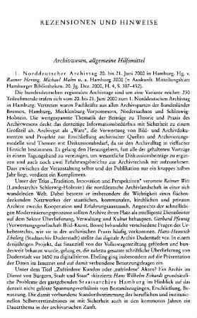 Rezensionen und Hinweise : Archivwesen, allgemeine Hilfsmittel