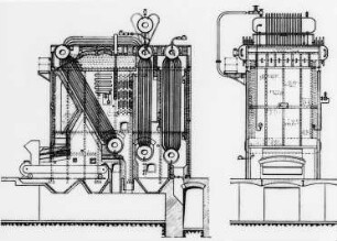 Steilrohrkessel, Schema (Borsig, Tegel) : Technikgeschichte | Maschinenbau | Kraftmaschinen | Dampfkesselalagen, Feuerungen