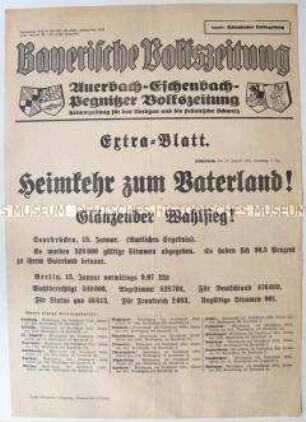 Sonderdruck der "Bayerischen Volkszeitung" mit den Ergebnissen der Saar-Abstimmung