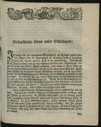 Hochgeschätze Eltern unsrer Schuljugend!