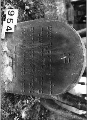 Grabstein 954 (Index: 99630446) Material: Sandstein Zustand: unten abgeblättert Maße HxBxT: 62x50x7 cm Beschreibung: Stele mit eingezogenem Rundbogenabschluß Besonderheit: Schreibfehler im Nachnamen: Grabstein 954