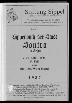 5. Teil: Sippenbuch der Stadt Sontra in Hessen (etwa 1700 - 1825)