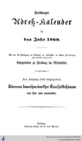 Freiburger Adreß-Kalender : für das Jahr 1869