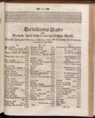 Das vollständige Register Uber Die beede Theile dieses Cosmographischen Wercks.