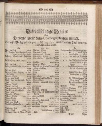 Das vollständige Register Uber Die beede Theile dieses Cosmographischen Wercks.