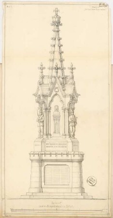 Gefallenendenkmal, Erfurt Monatskonkurrenz Juli 1874: Aufriss Vorderansicht; 1:20, 2 Maßstabsleisten