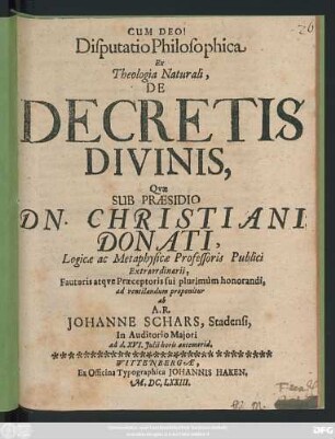 Disputatio Philosophica Ex Theologia Naturali, De Decretis Divinis