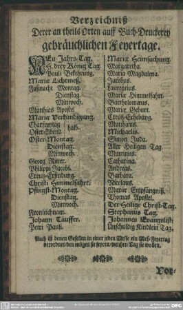 Verzeichniß Derer an theils Orten auff Buch-Druckerey gebräuchlichen Feyertage