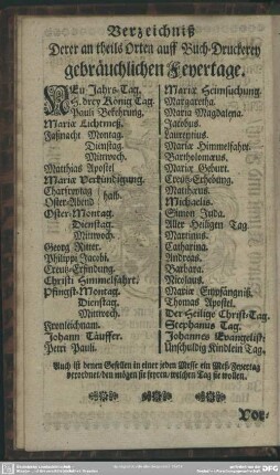 Verzeichniß Derer an theils Orten auff Buch-Druckerey gebräuchlichen Feyertage
