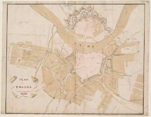 Stadtplan von Dresden aus dem Jahr 1778 von der Friedrichstadt im Westen bis zum Großen Garten im Osten mit einem Maßstab und den Bastionen in Alt- und Neustadt