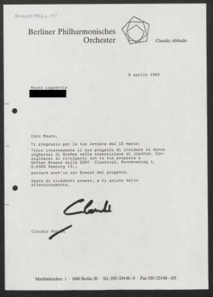 Brief an Mauro Loguercio, 08.04.1993