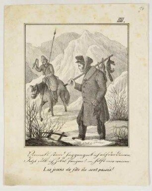 Humoristische, satirische Darstellung, Napoleon-Karikatur "Vormals stand Saggengrob (?) ich auf den Beinen, [...]" (Vertreibung der Grand Armée aus russischem Territorium)