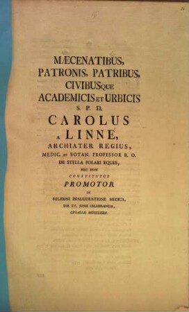 Maecenatibus, Patronis ... S. P. D. : [Programma in inaugur. med. d. 15. Iun. celebr. ... continens aliqua de Doctoris titulo]