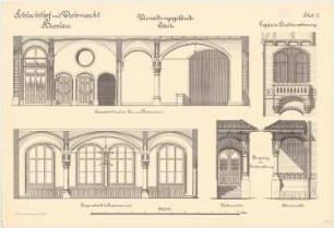 Schlachthof und Viehmarkt, Breslau Verwaltungsgebäude: Verwaltungsgebäude, Details: Querschnitt und Längsschnitt des Kassenraumes, Ansicht Loggia, Vorderansicht und Seitenansicht des Eingangs zur Direktorenwohnung 1:25