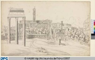 Forum Romanum, von Südosten gesehen, mit dem Tabularium des Senatorenpalastes, den Säulen und Architrav des Castor- und Pollux-Tempels und Santi Martina e Luca
