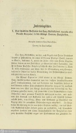 X.1 Das schädliche Auftreten des Harz-Rüsselkäfers (Curculio oder Pissodes Hercyniae) in den Königl. Hannov. Harzforsten.