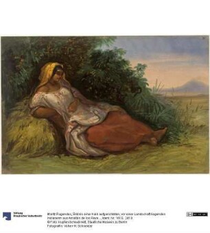 Bildnis einer halb aufgerichteten, vor einer Landschaft liegenden Indianerin aus Amatlán de los Reyes