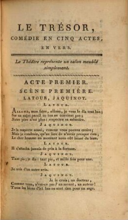 Le trésor : comédie en cinq actes, en vers ; représentée pour la première fois au Théâtre Louvois, le 7 Pluviôse de l'an XII de la République, (28 janvier 1804)