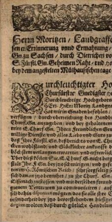 Herrn Moritzen zu Hessen Erinnerung an Ihre Churf. Gn. zu Sachsen
