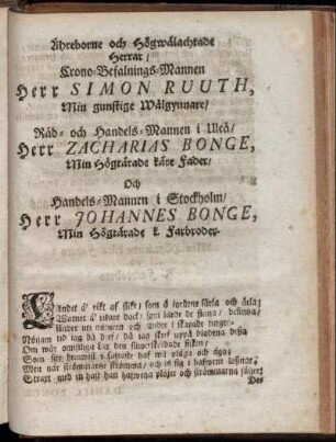 ... Herr Simon Ruuth, ... Herr Zacharias Bonge, ... Herr Johannes Bonge ...
