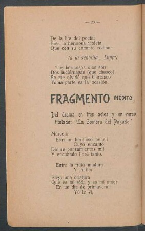 Fragmento inédito del drama en tres actos y en verso titulado; "La sombra del pasado"