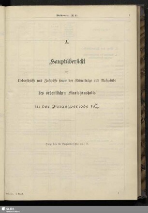 A. Hauptübersicht der Ueberschüsse und Zuschüsse sowie der Reinerträge und Aufwände des ordentlichen Staatshaushalts in der Finanzperiode 1890/91