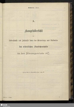 A. Hauptübersicht der Ueberschüsse und Zuschüsse sowie der Reinerträge und Aufwände des ordentlichen Staatshaushalts in der Finanzperiode 1890/91