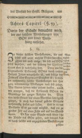 Achtes Capitel ... Darin der Schade betrachtet wird, der aus falschen Vorstellungen von GOtt und seiner Vorsehung entstehet
