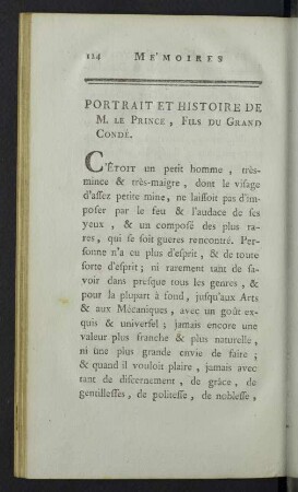 Portfait et histoire de M. le Prince, Fils du Grand Condé.