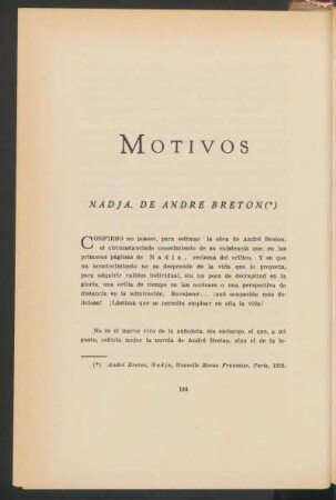 Nadja, de André Breton : [Reseña de] André Breton, Nadja, Nouvelle Revue Francaise, París, 1928.