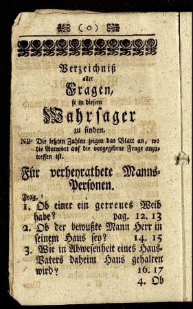 Verzeichniß aller Fragen, so in diesem Wahrsager zu finden.
