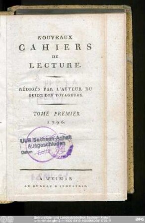 1.1796: Nouveaux cahiers de lecture : rédigés par l'auteur du guide des voyageurs
