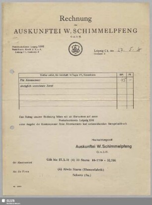 Auskunftei W. Schimmelpfeng G.m.b.H. : Rechnung