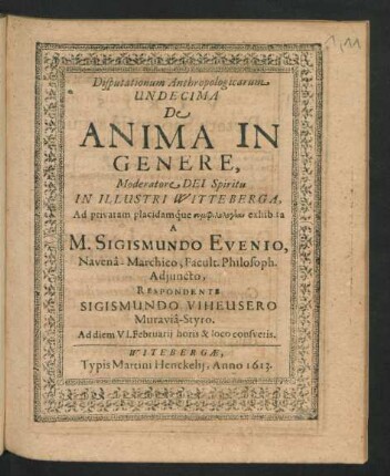 Disputationum Anthropologicarum Undecima De Anima In Genere