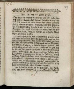 Berlin, vom 5ten Sept. 1758 : Zu Folge der neuesten Nachrichten vom 1sten dieses Monaths ...