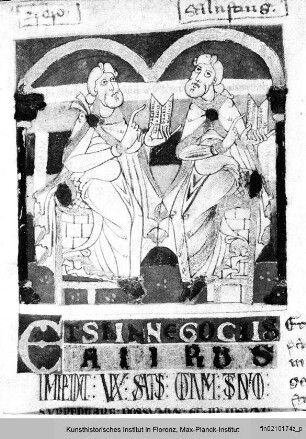 Rhetorica ad Herennium : Textseite mit fast ganzseitiger Miniatur: Cicero und Sallust