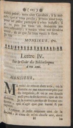 Lettre IV. Sur le Goût des Bibliotheques à un ami
