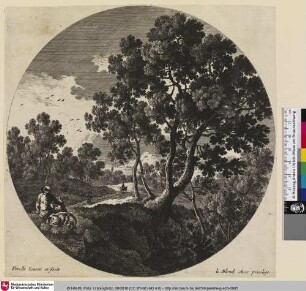 [Waldlandschaft mit Wanderern und einem Hirten auf der Rast]