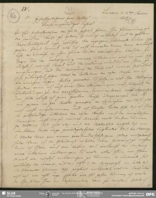 Eigenh. Brief von Christian Lassen an August Wilhelm von Schlegel, London, 10.01.1823