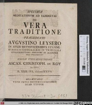 Specimen Meditationvm Ad Pandectas De Vera Traditione