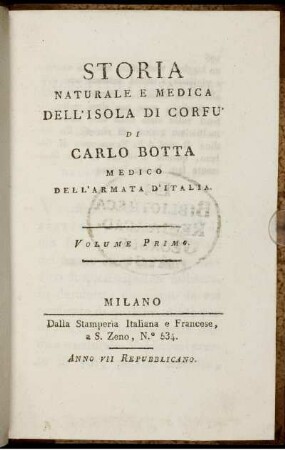Vol. 1: Storia naturale e medica dell'isola di Corfu. Vol. 1