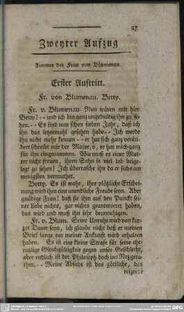 Zweyter Aufzug. Zimmer der Frau von Blumenau
