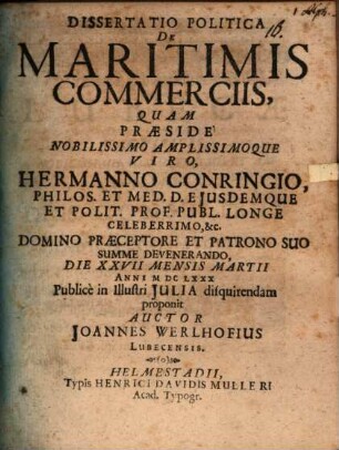 Dissertatio Politica De Maritimis Commerciis